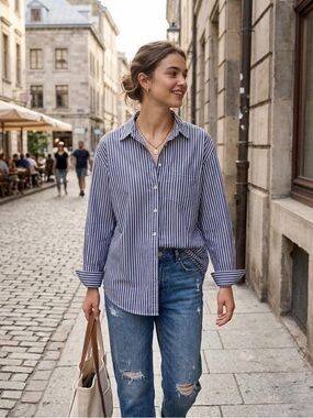 GAP Navy and White Striped Oversized Button-Down Shirt